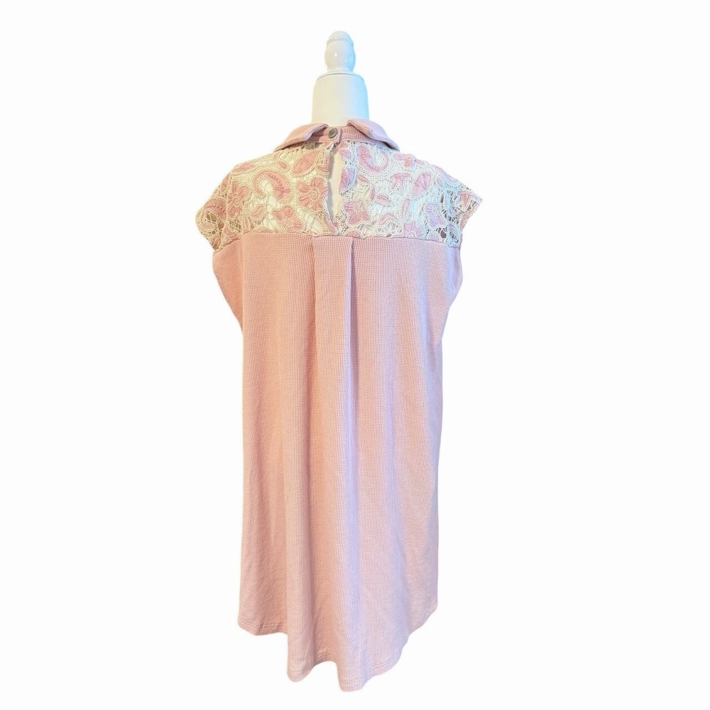 POL‎ Crochet Lace Button Front Top Pink Boho Cottagecore Sheer Collared Medium - Picture 4 of 7